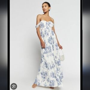 Reformation Off-Shoulder Blue Floral Maxi Dress Jayde White & Blue